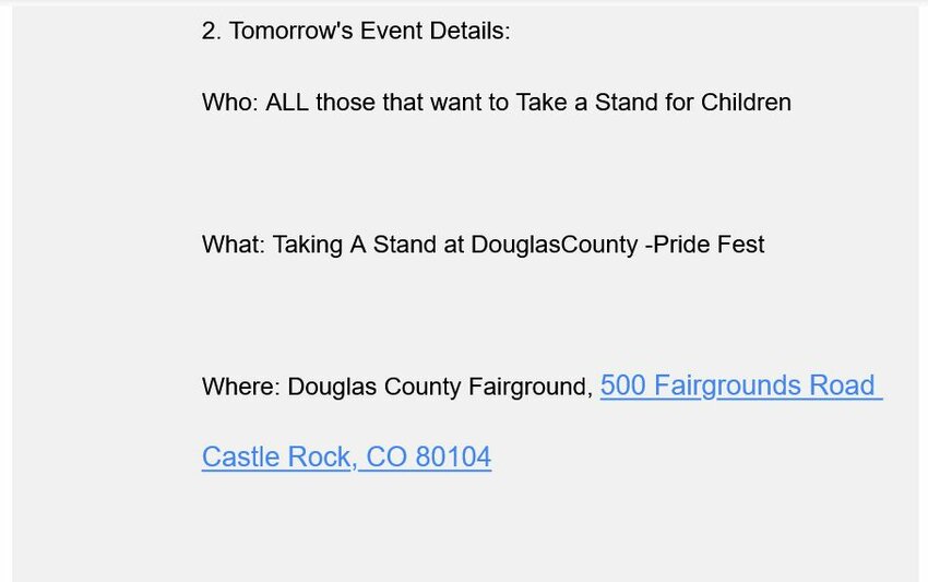 The sixth of 10 screenshots in order showing an organizing email sent by Able Shepherd Operations Manager Melissa Papulias on Aug. 25, the day before protesters disrupted Douglas County PrideFest.